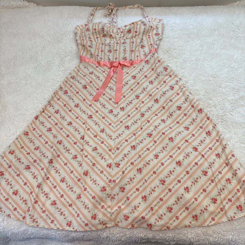 VTG Ruby Rox Womens Halter Floral Dress Y2K Sz 5 Cottage Fairy Soft Girl Bow